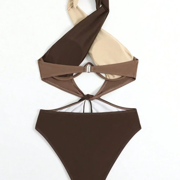 Multicolor Women's Beach Colorblock Criss Cross Halter One-Piece Swimsuit - Picture 2 of 6